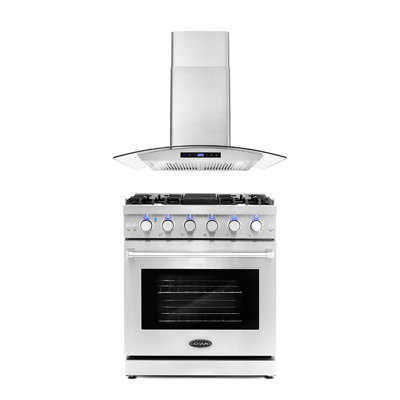 Cosmo 2 Piece Kitchen Appliance Package with Gas Freestanding Wall Mount Range Hood