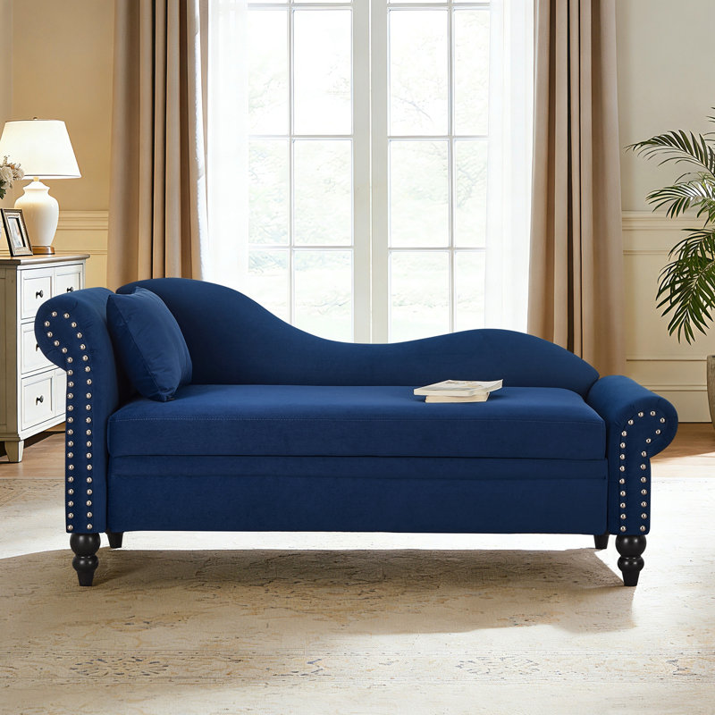 Chaise longue en velours avec rangement, accoudoir gauche et coussin lombaire, Navy Blue