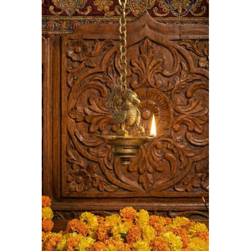 9" Handmade Brass Peacock Ceiling Puja Lamp with Chain - Ornate Temple Style Hanging Light Spiritual Home Decor Made in India