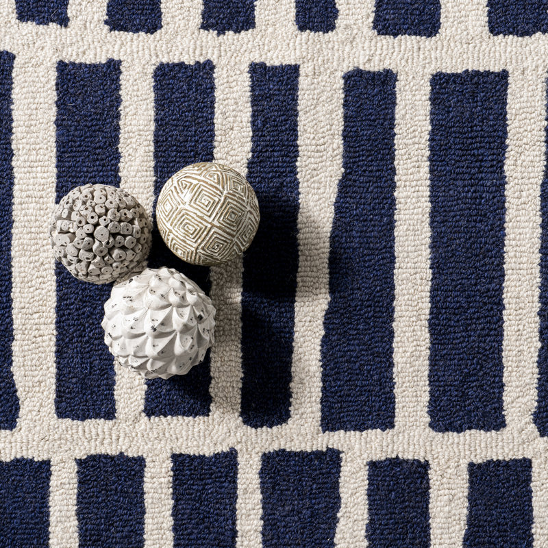 Tapis bleu marine / blanc en laine touffeté à la main Lauderhill, Tapis de couloir 2 pi x 6 pi