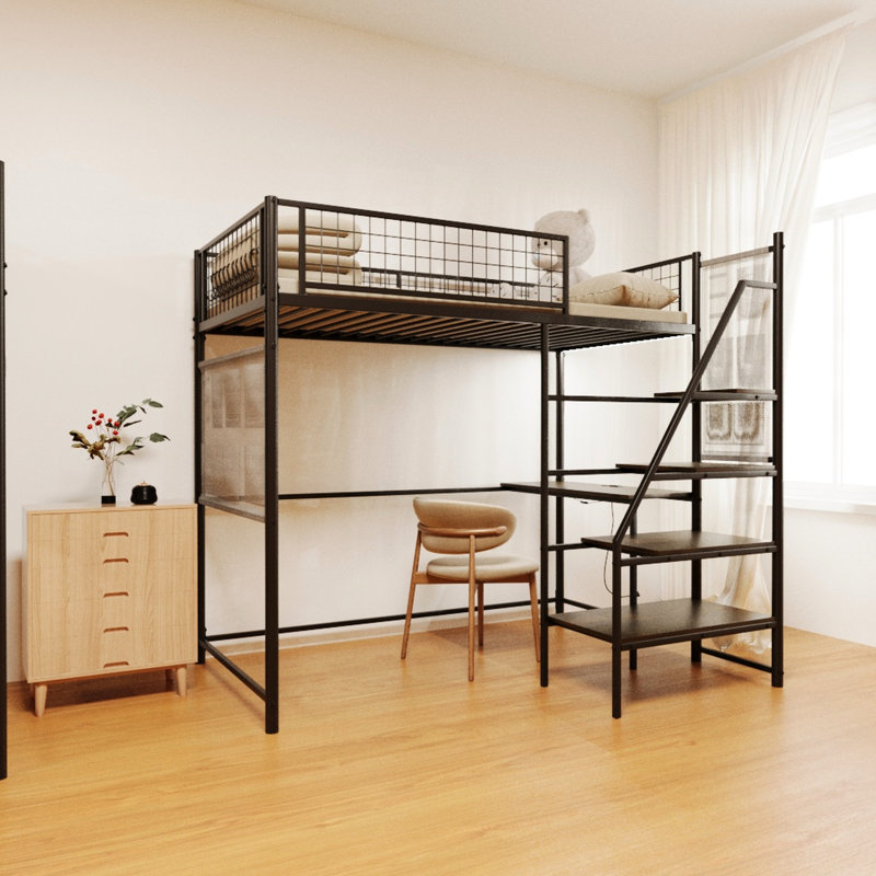 Lit mezzanine simple en métal avec capacité de charge et de rangement intégrée, Noir