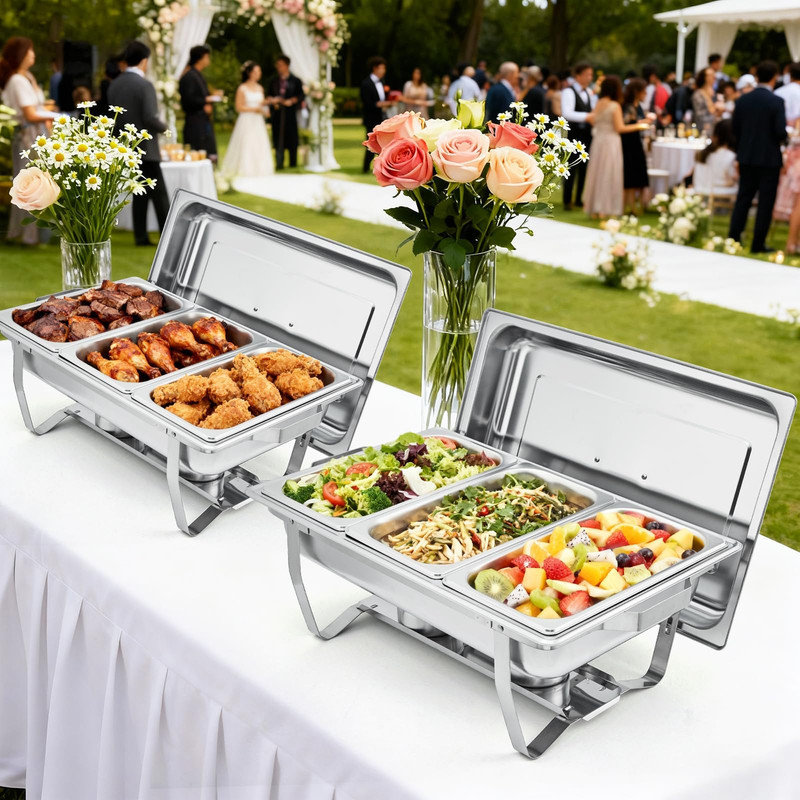 Ensemble de 6 plats rectangulaires à 3 puits - Ensemble de réchaud en acier inoxydable pour la restauration, les mariages et les fêtes à la maison