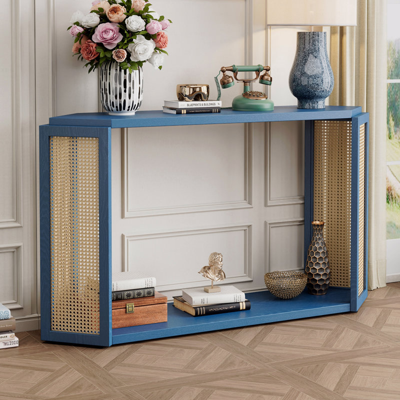 Console étroite avec plateau unique irrégulier, table d'entrée avec tablette ouverte, canapé en rotin, Bleu