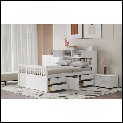 Full Size Captain Platform Bed Frame With Storage Bookcases And Shelves,Four Drawers,White