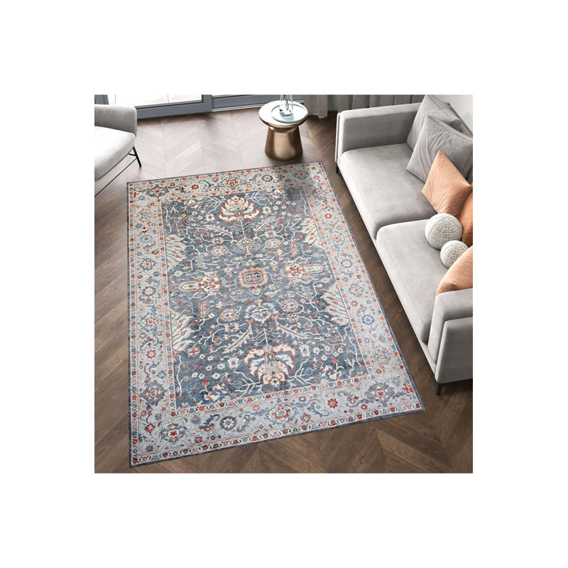 Tapis gris lavable décoratif à motifs traditionnels gris et motif floral, Sous-tapis rectangulaire de 3 pi 3 po x 4 pi 11 po
