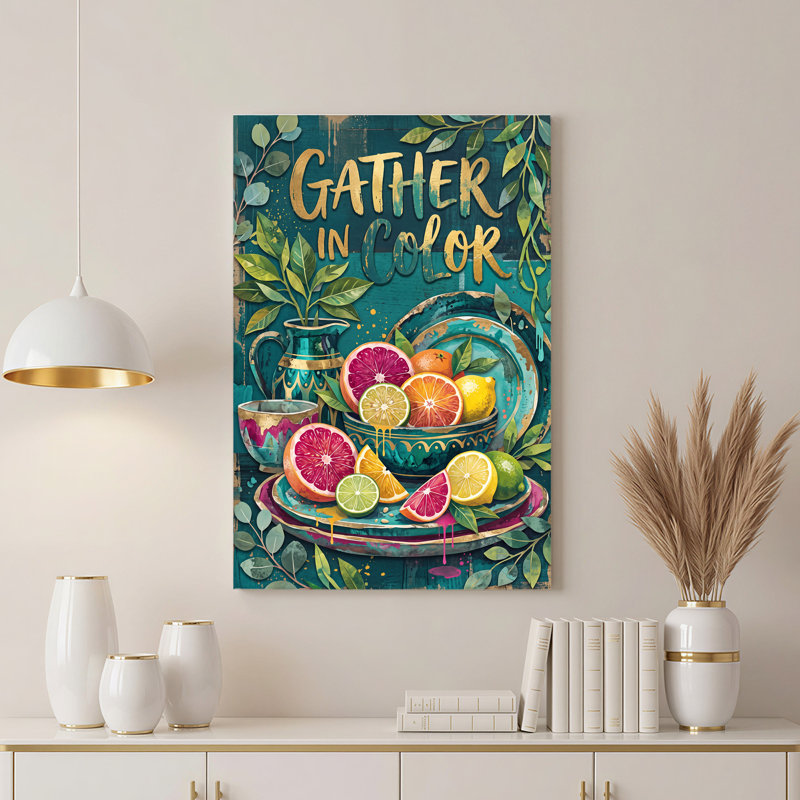 Art mural sur toile fond de tranches d'agrumes et de texte doré sur fond sarcelle, 30"H x 20"W