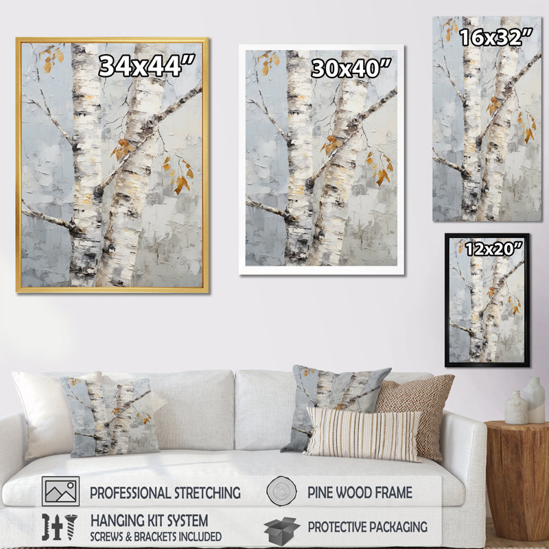 «Gray Minimalisme Sycamores Tree Shade III», reproduction sur toile, Cadre simple argenté, H 32 po x l 16 po x P 1 po