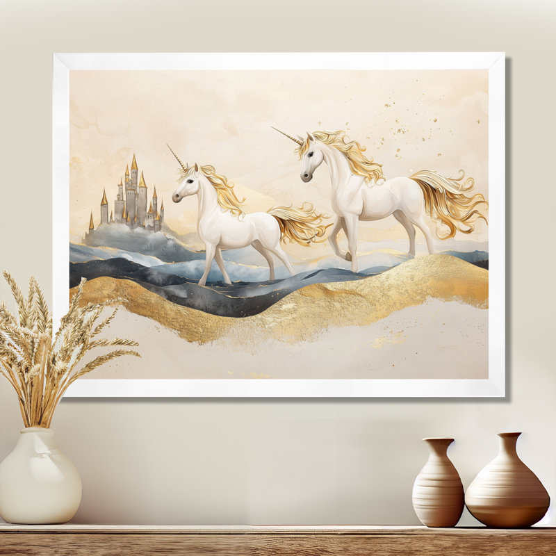 Maricris Golden Unicorns on Cosmic Castle Lanscape I - Licornes, art mural, Reproduction encadrée d'une seule photo, Blanc