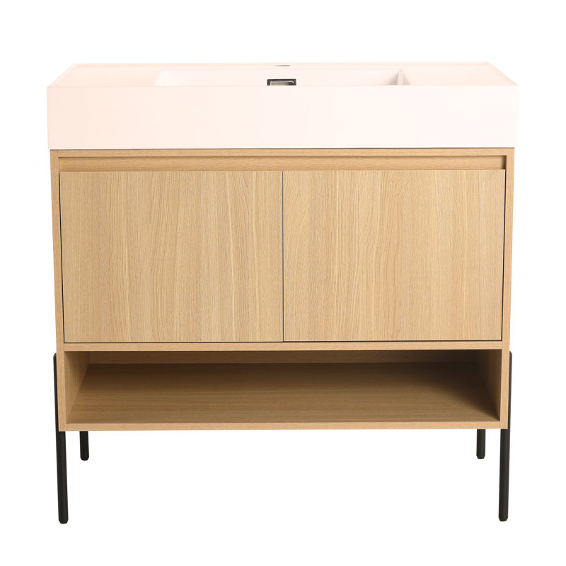 Ensemble de meuble-lavabo 36 po avec lavabo simple en résine, ensemble d'armoires de rangement 2 portes, bois massif multicouche, chêne