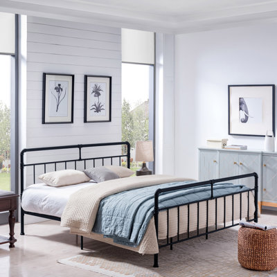 Marvelous King Size Metal Bed - Industrial Design, Iron Construction, Low Platform, Firm Slats, No Box Spring, Black Stable Support