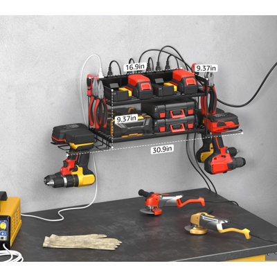 Garage Tools Storage With Charging Station. Power Tool Battery Organizer Utility Shelf With Power Strip. 4 Drills Holder Wall Mount Rack, Black.