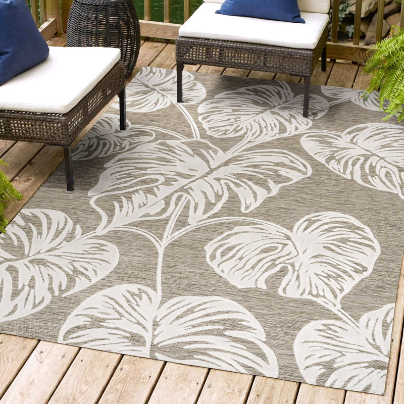 Tapis d'intérieur / extérieur à deux tons à motif de feuilles Monstera brun / ivoire Shawver, Rectangle 3 pi 11 po x 6 pi