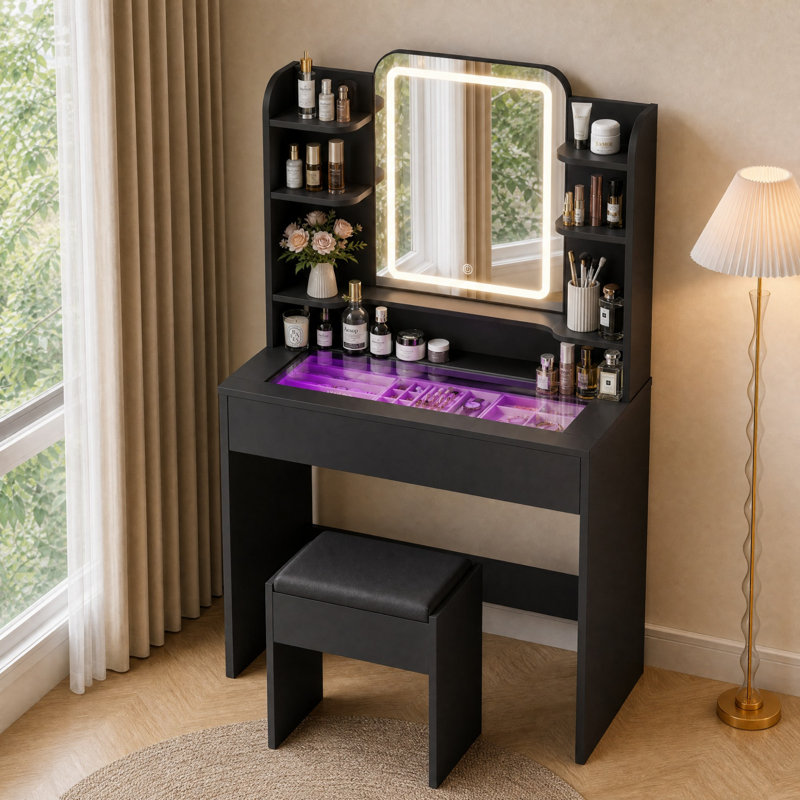 Makeup Vanity with LED Lighted Mirror and RGB Lighting Glass Top for Bedroom, Black