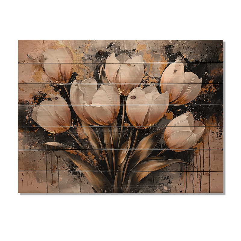 Tulipes or rose du matin I - décoration murale en bois de tulipes - sur bois de pin naturel, H 34 po x l 44 po x P 0,78 po