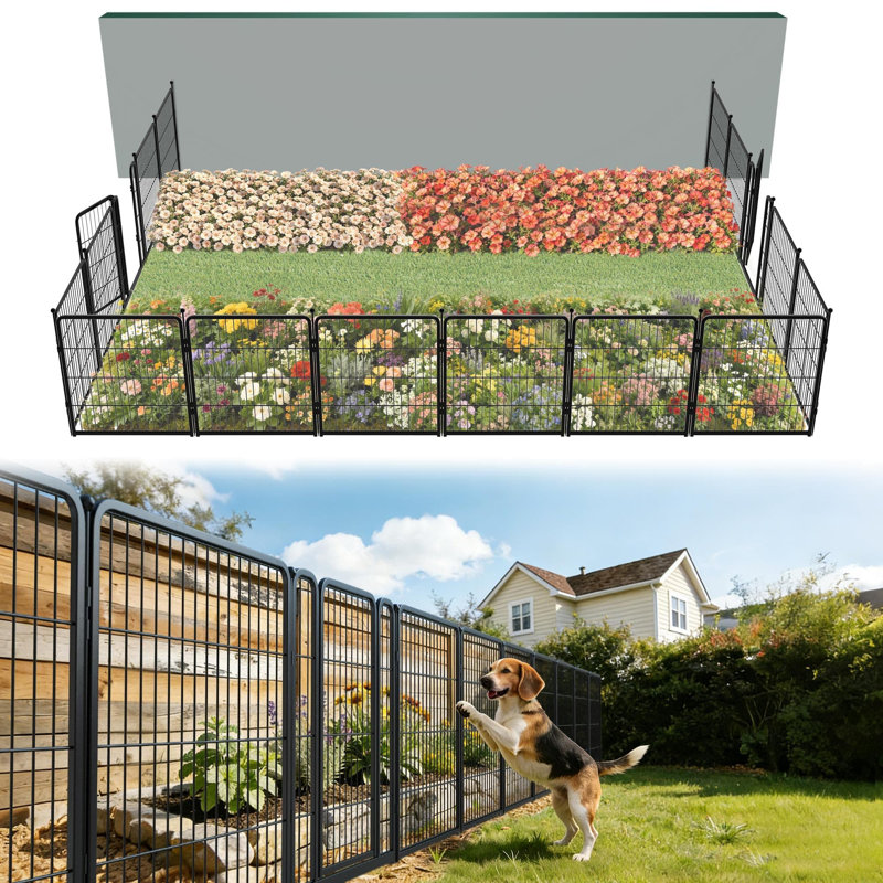 Clôture de jardin d'extérieur pour la cour de change - H 32 po x L 36,4 pi (L) barrière en métal robuste pour chien, clôture pour chien sans creusage, 16 panneaux, noir