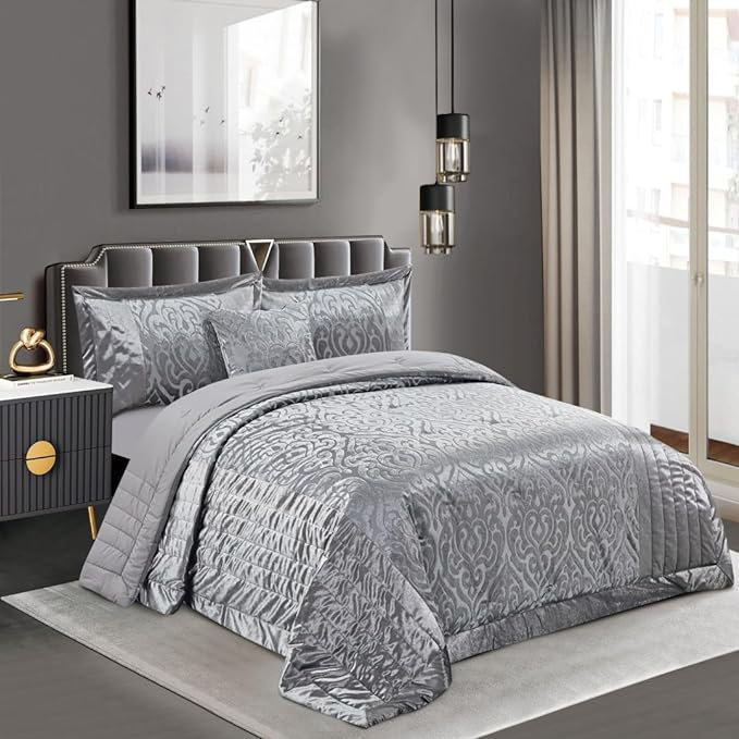 Bollara Damask Bedspread with Pillow Shams Included, Super King Bedspread + 2 Pillow Sham, Silver