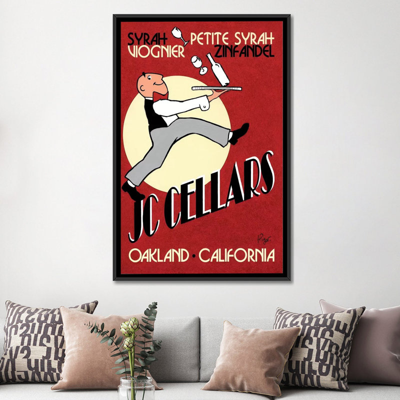 « jc cellars », affiche rétro sur toile, H 26 po x l 18 po x P 1,5 po, Toile avec cadre noir, Pas de tapis