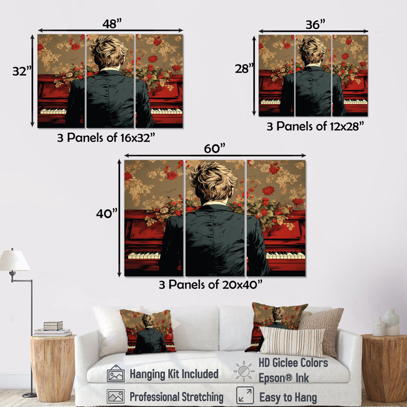 Élégance rétro de piano classique rouge - art mural piano, Toile tendue, H 40 po x l 60 po