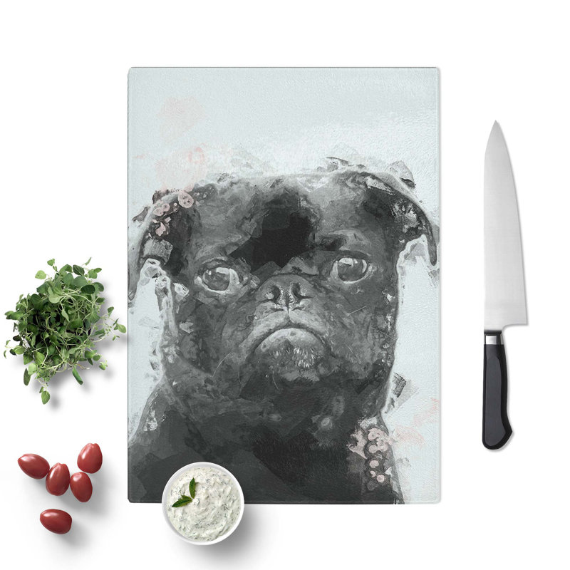 Tempered Glass Paint Splashed Pug Dog Chopping Board, 28.5 cm W x 39 cm L