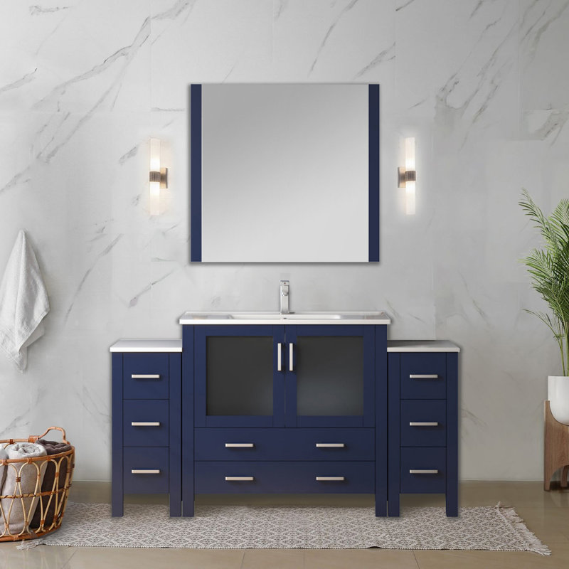 Volez 60 in W x 18.25 in D Single Bath Vanity with Side Cabinets, White Ceramic Top and Chrome Faucet Set, Navy Blue