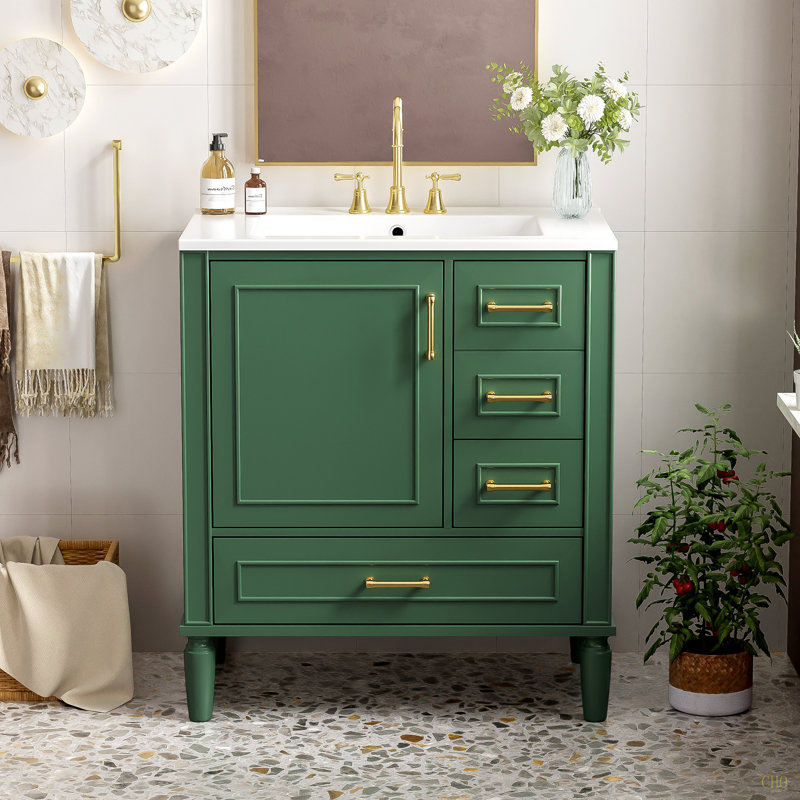 Ensemble de meuble-lavabo traditionnel de 30 po au sol, avec trois tiroirs, portes à fermeture douce, avec de longues poignées en métal - parfait pour les petites salles de bain