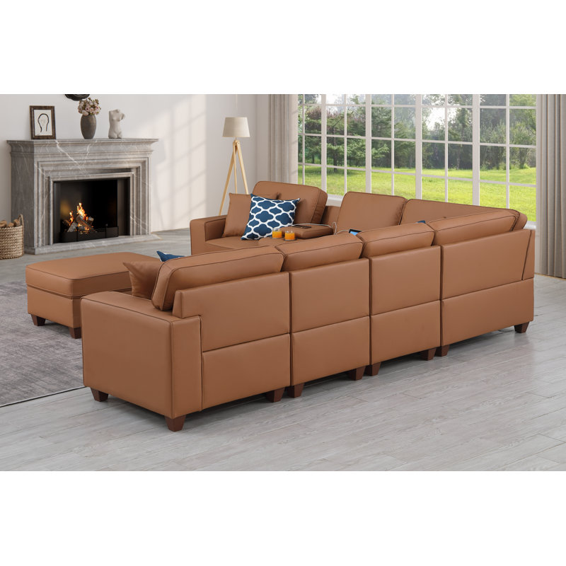 Canapé modulaire à accoudoirs carrés 125,25 po, Similicuir brun
