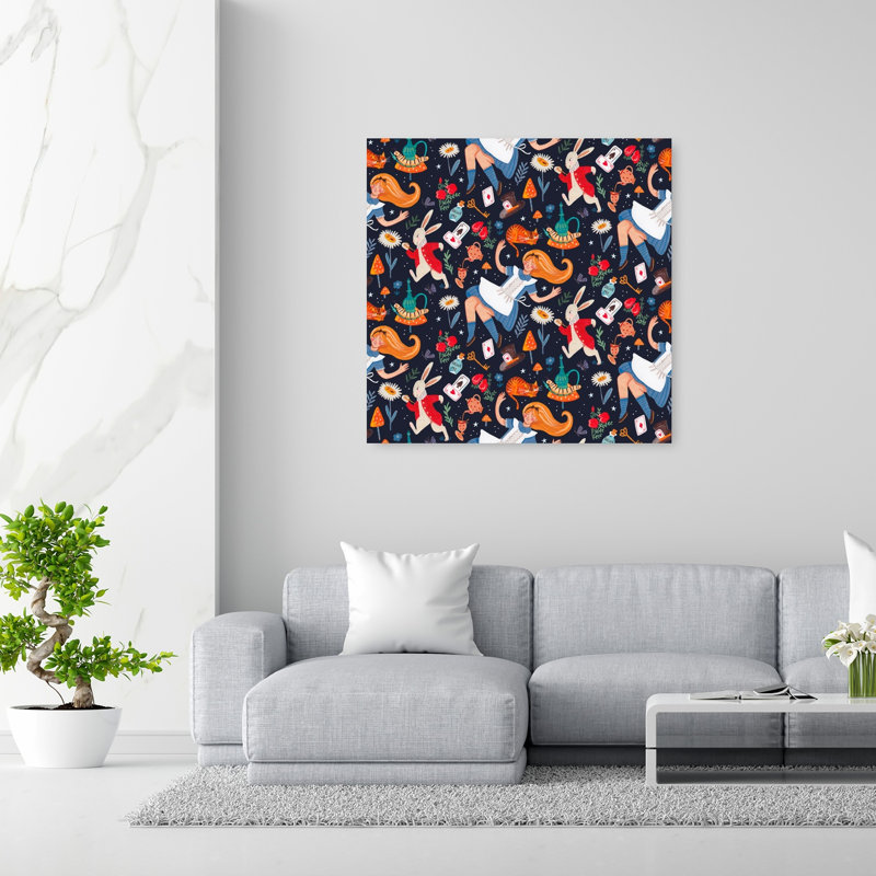 Alice au pays des merveilles - Affiche murale colorée et fantaisiste avec chat, lapin et forêt de fleurs, 48" H x 48" W