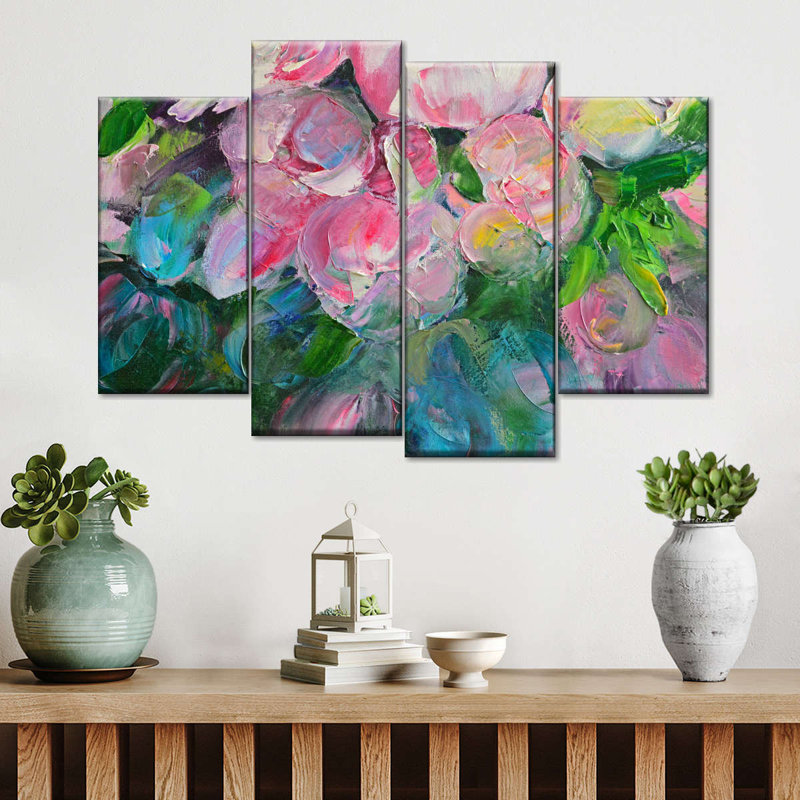 Ensemble de 4 pivoines abstraites sur toile, H 22 po x l 36 po x P 1 po