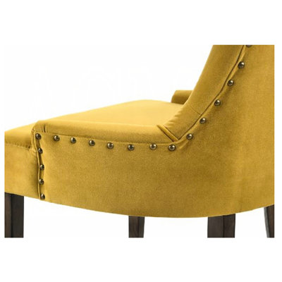 Of 2 Velvet Upholstered Dining Chairs In Yellow And With Back Cushion Nailhead Trim Accent, 23-Inch Seat Depth, 18-Inch Height, Foam Fill, Solid Pattern, Ideal For Room Two Featuring Colors, , Trim,