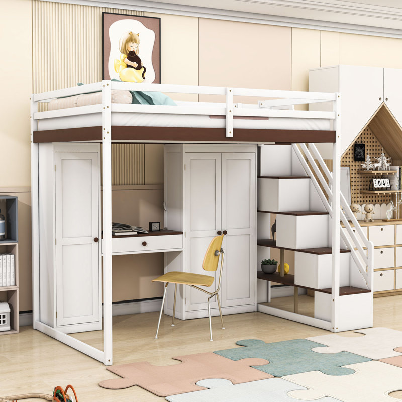 Full Size Loft Bed with Desk and Staircase,Shelves, White/Brown