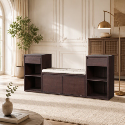 Banc de rangement tout-en-un avec coussin, compartiments, tiroirs et tablettes ouvertes, banc de rangement pour couloir, vestibule, salon
