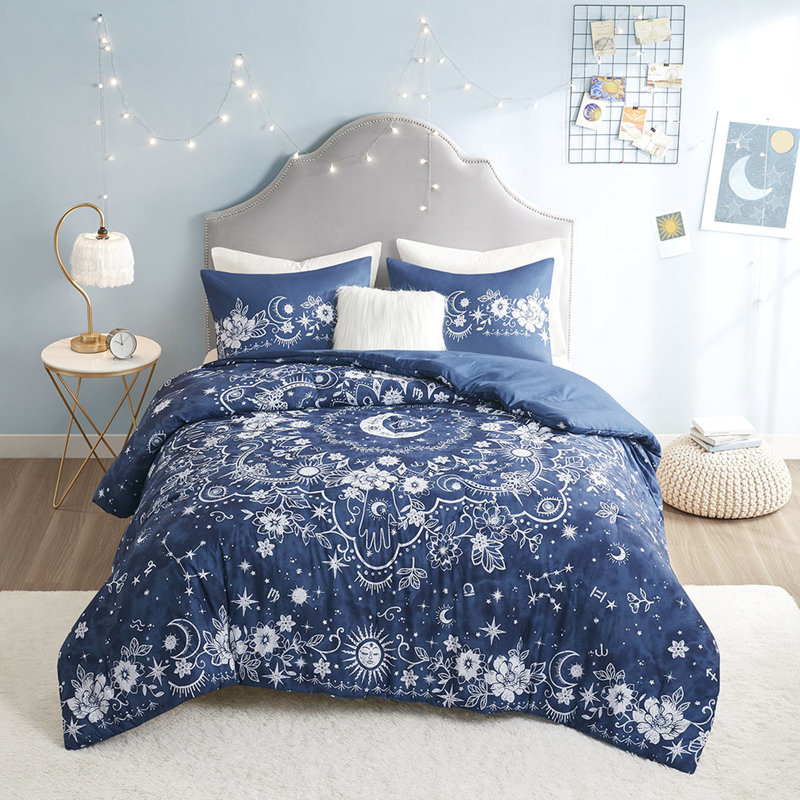 Navy Comforter Full/queen - With Celestial Print And Filling With Features, Full/Queen Comforter + 3 Additional Pieces