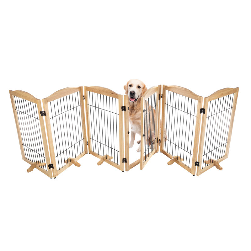 Natural Wood and Metal Freestanding Pet Gate, 132.5x31.5-Inch