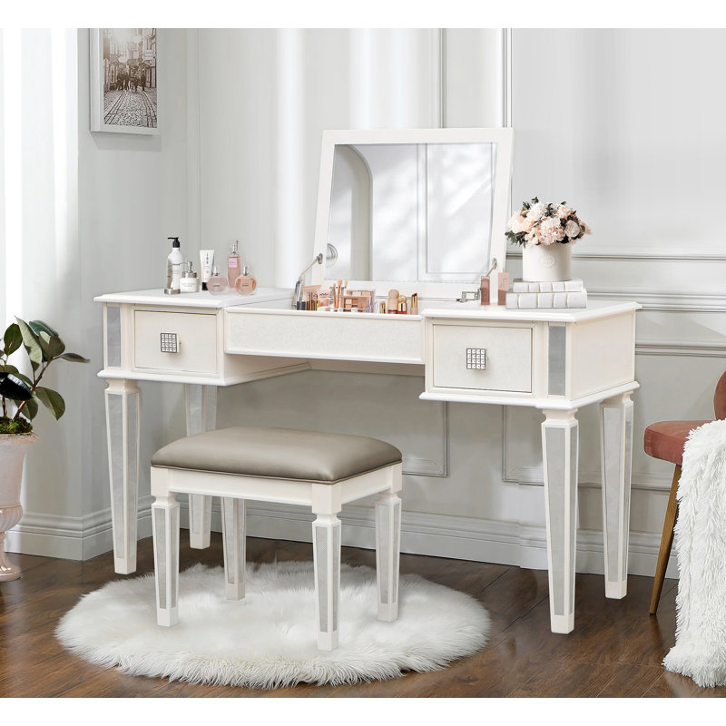 Mirrored Vanities Desk With Drawers, Bedroom Makeup Vanity Table Set With Mirror And Stool, Flip Up Dressing Table, White