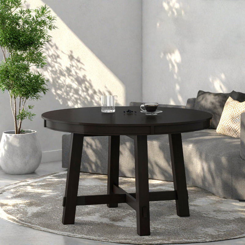 Table de salle à manger ronde Farmhouse avec rallonge, base en X, 4 à 6 places, bois massif et placage, Bois espresso
