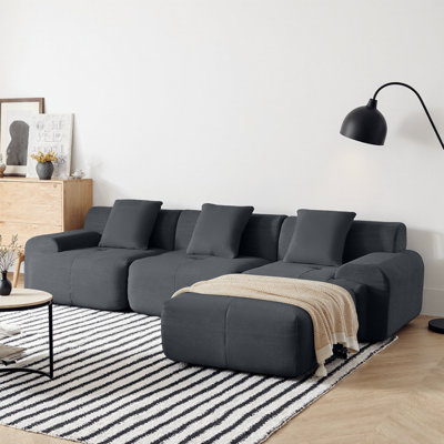 Canapé modulaire de 113 po, canapé en L en velours côtelé vert avec repose-pieds mobile et 3 coussins, aucun assemblage requis, canapé de salon à assise profonde