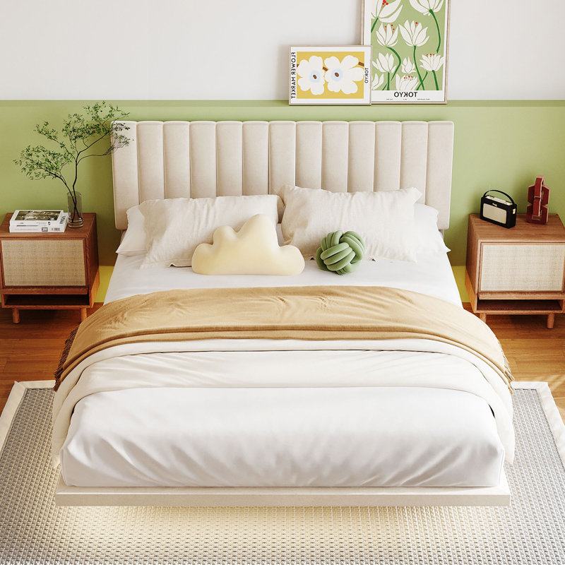Grand lit tapissier avec lumière et tête de lit, Beige