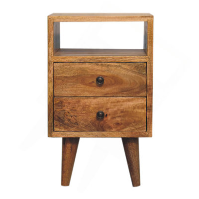 Wood Mini Oak-Ish Classic Nightstand, 2-Drawers, 1 Open Slot, Nordic Legs, Light Brown