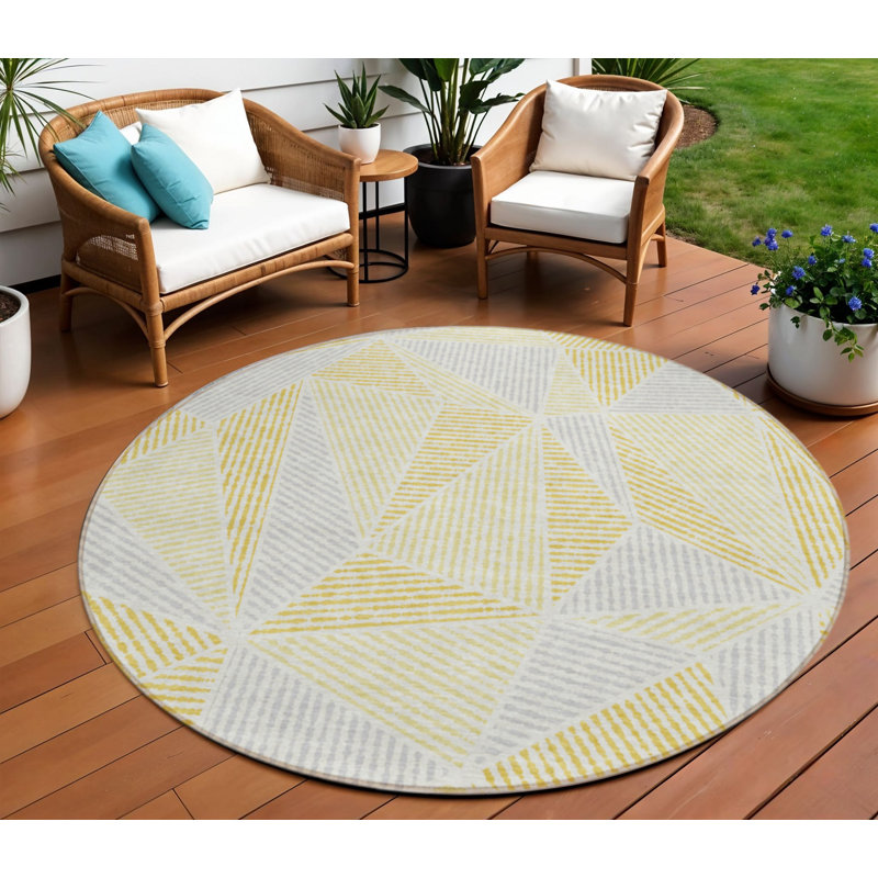 Tapis d'intérieur rond lavable géométrique 8 pi gris et blé doré