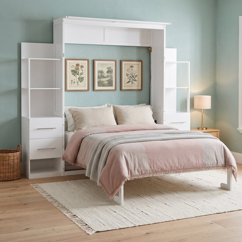 Lit escamotable en bois multi-fonctions, Double, Blanc