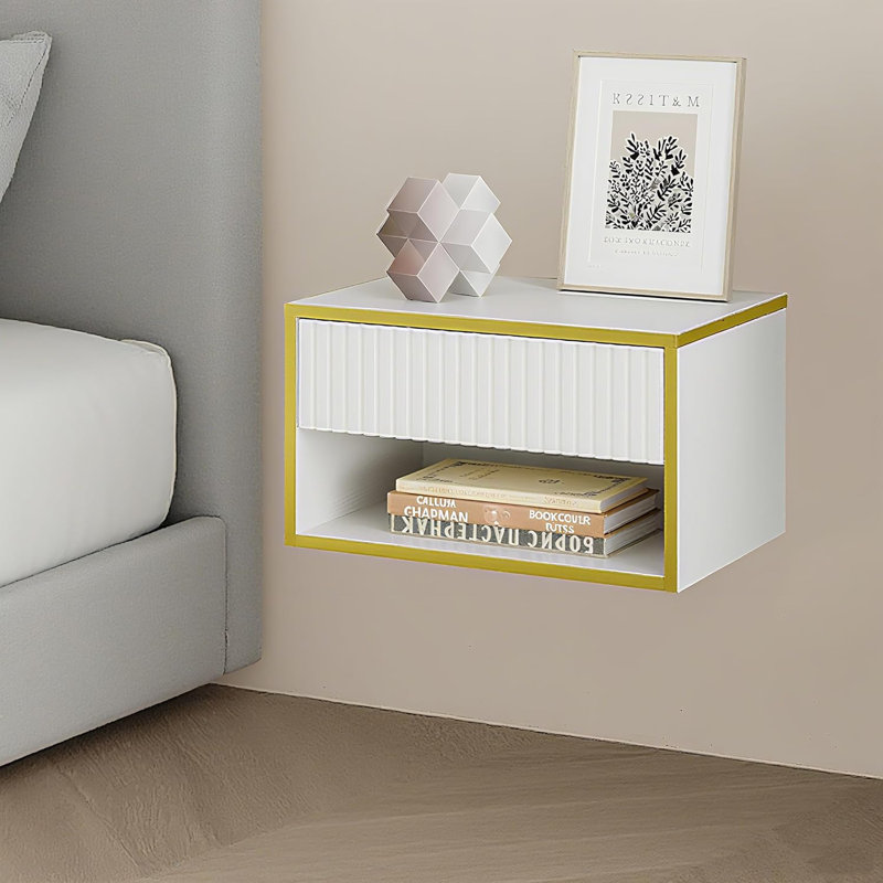 Floating Nightstand with Fluted Drawer, Modern Wall Mounted Bed Side Table set, Night Stand for Bedroom, White, Set of 2