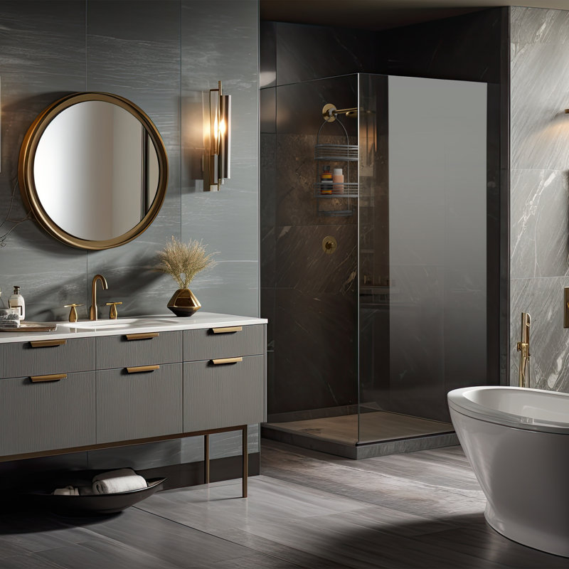 Grand chariot de douche moderne à 3 niveaux avec accents en bande antidérapant et antidérapant gris mat, Gris mat