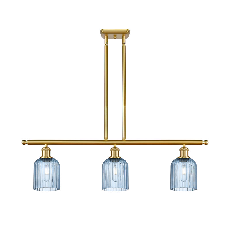 Luminaire suspendu pour îlot de cuisine 3 lumières Fiennes, Or satiné, Bleu princesse