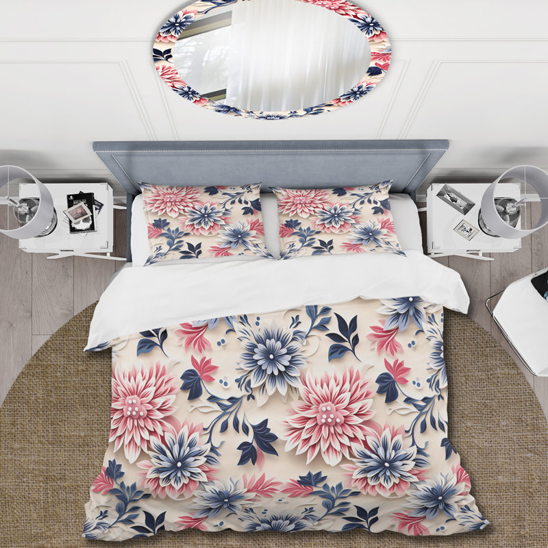 Ensemble de housse de couette à motif floral damassé bleu, rose et blanc, Housse de couette simple + 1 taie décorative stan