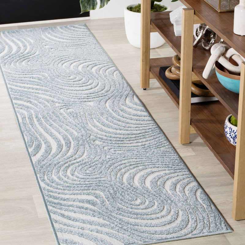 Maribo High-Low Abstract Groovy Striped Light Blue/Ivory Indoor/Outdoor Rug, Runner 2' x 8'