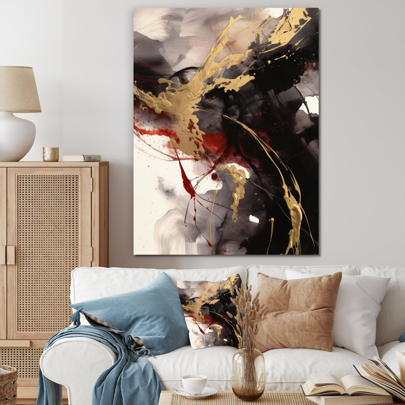 Or et fluide rouge fusion II - art mural abstrait, Toile tendue, 40" H x 30" W