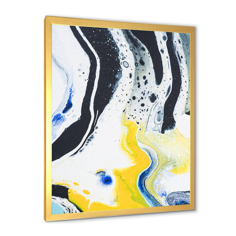 Composition abstraite de marbre en jaune et bleu IV - peinture sur toile, H 32 po x l 16 po x P 1 po, Encadrement doré