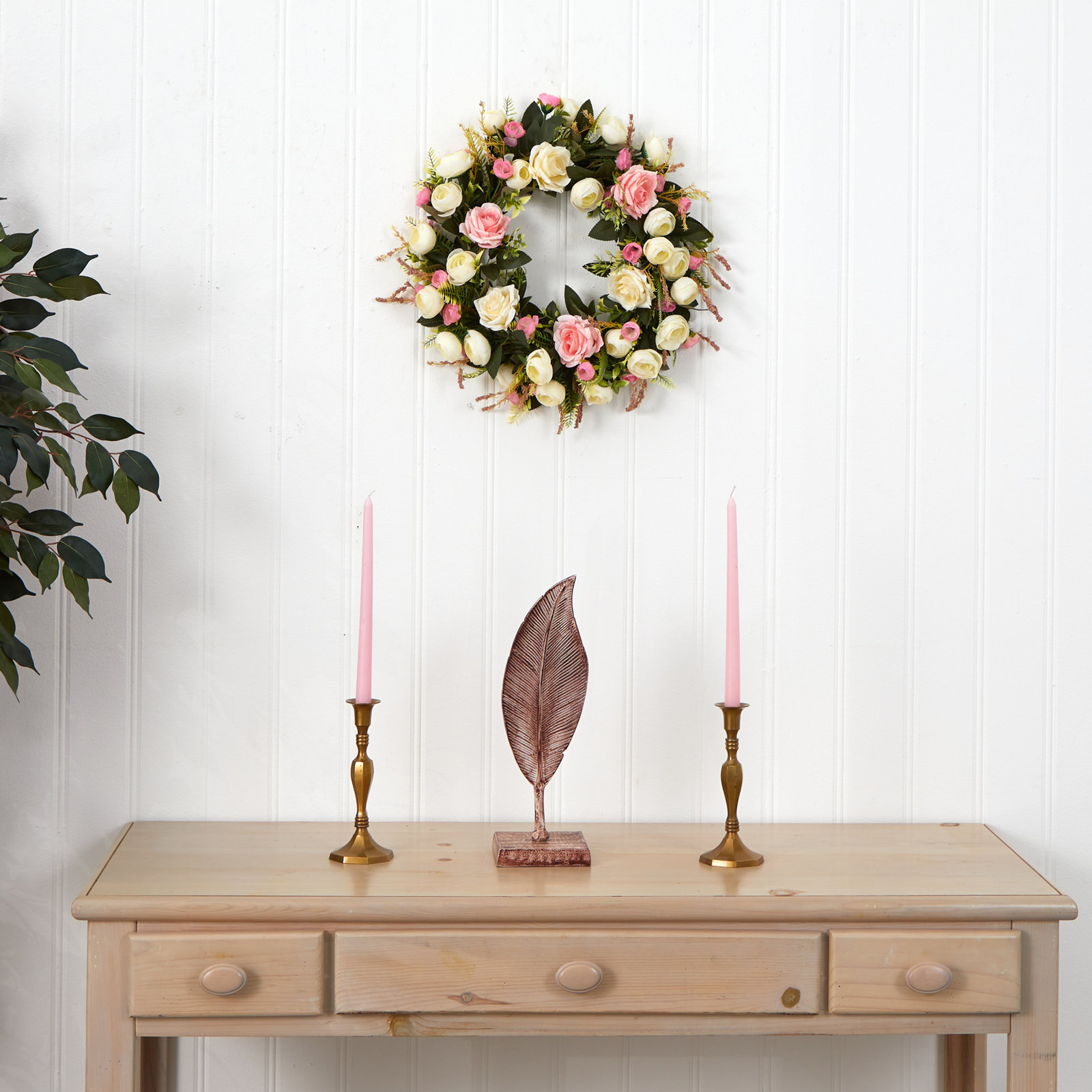 20'' Polyester Wreath, Green x White x Pink