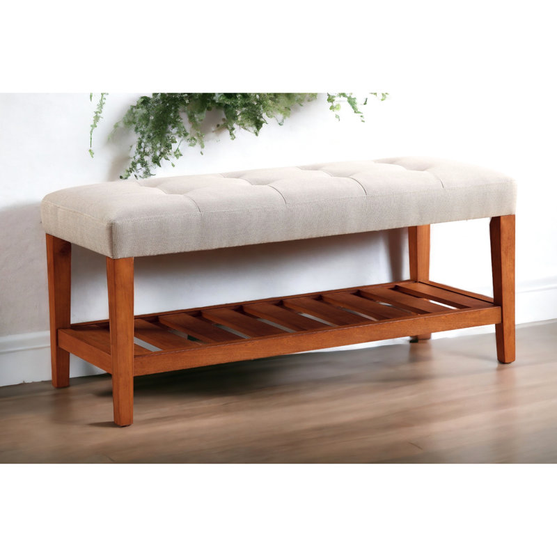 Gray Fabric & Oak Finish Seat Bench - 40"X16" Padded Comfort Storage Compartment With Wooden Shelf 18 In. Package Width Functional Stylish
