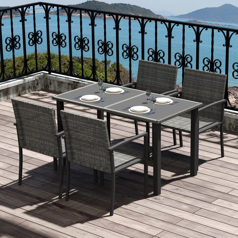 Maryel Rattan Garden Furniture for 4, Dining Table and Chairs, Grey
